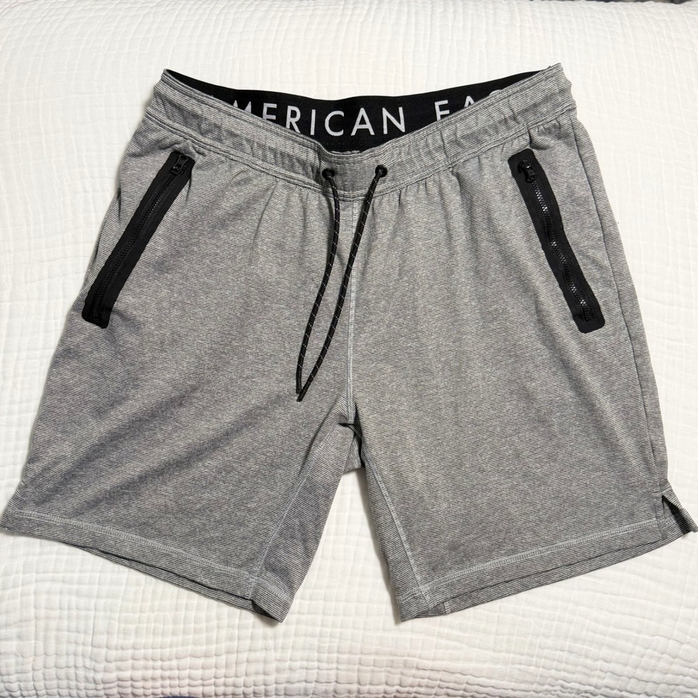 American Eagle Mens Shorts L Grey Striped Active Gym Zipper Pockets Drawstring